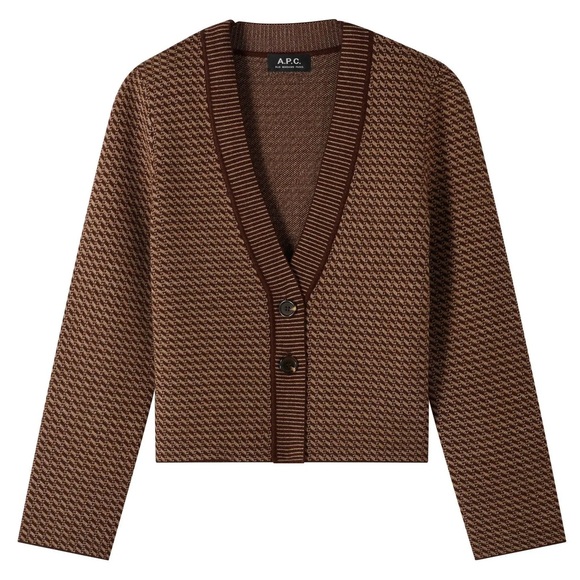 A.P.C. Rue Madame Paris Women's Houndstooth Brown Cardigan 100% virgin wool,  M - Picture 1 of 6